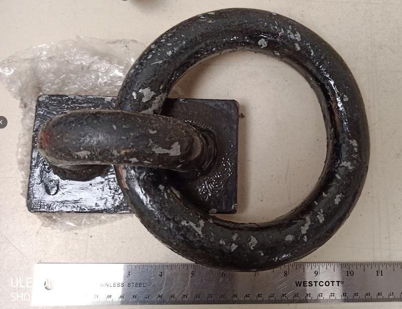 ABS certified forged steel towing ring top view with ruler showing approximately 8 inch outer diameter